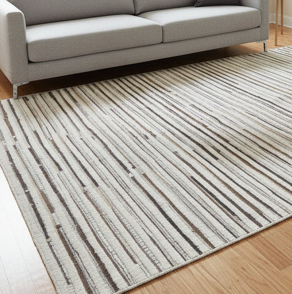 Beckie Leather Sand Ivory Striped Rug - Modern Handmade Patchwork Area Rug   7864164090005