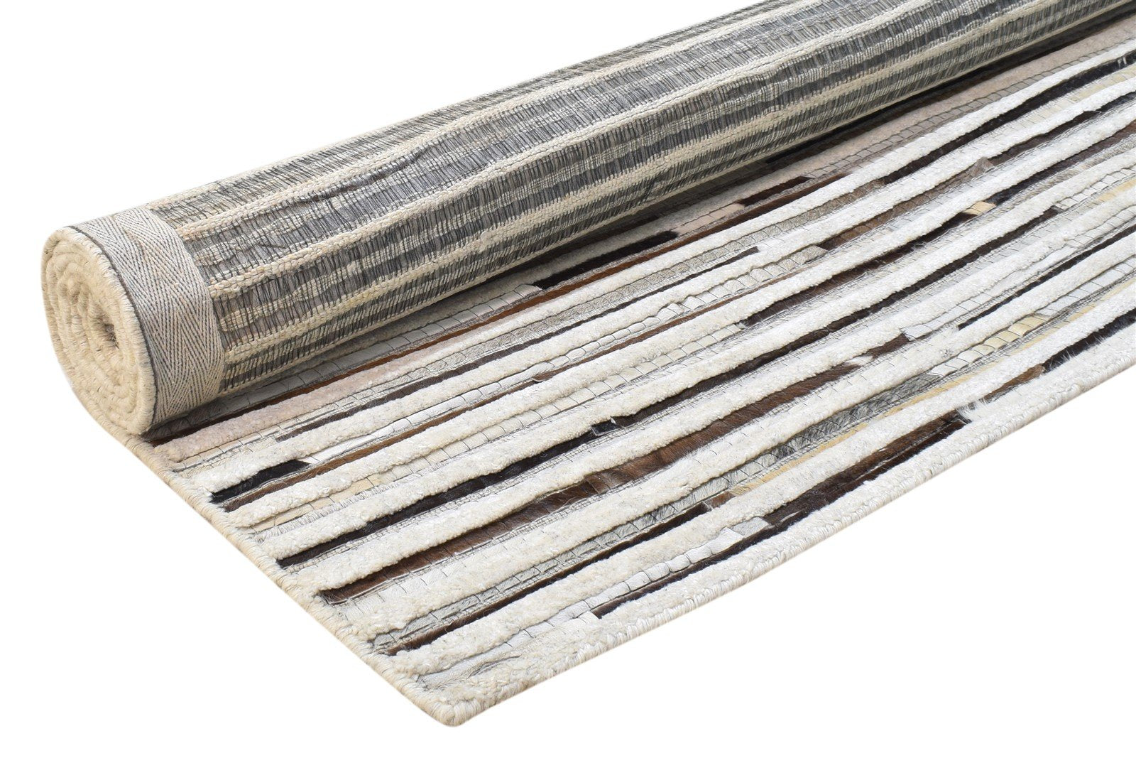 Beckie Leather Sand Ivory Striped Rug - Modern Handmade Patchwork Area Rug   7864164090005