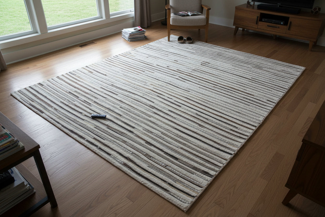 Beckie Leather Sand Ivory Striped Rug - Modern Handmade Patchwork Area Rug   7864164090005