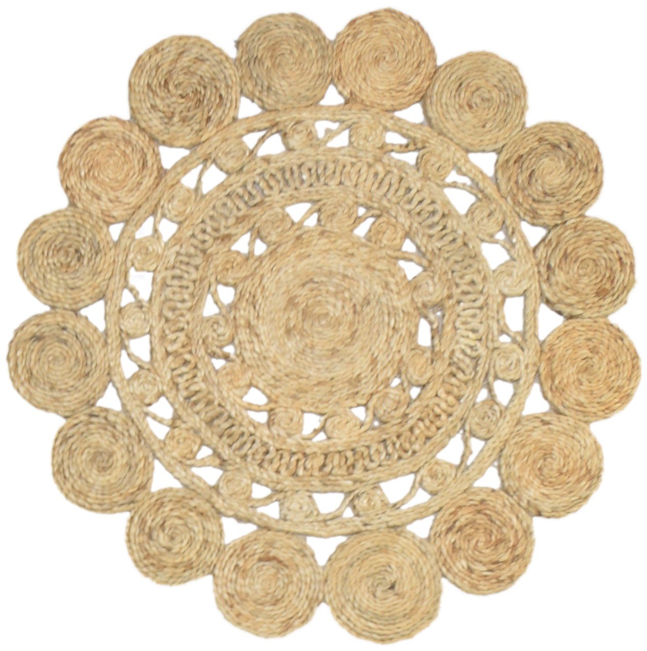 Beige Jute Rug 3' X 3' Modern Hand Woven Scandinavian Circles Small Round   7864818663573