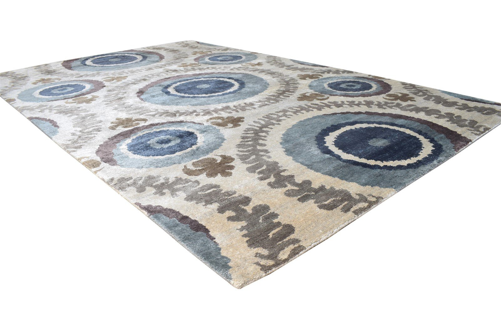 Beige Silk Rug 6' X 9' Modern Hand Knotted European Circles Room Size Carpet   7865096470677