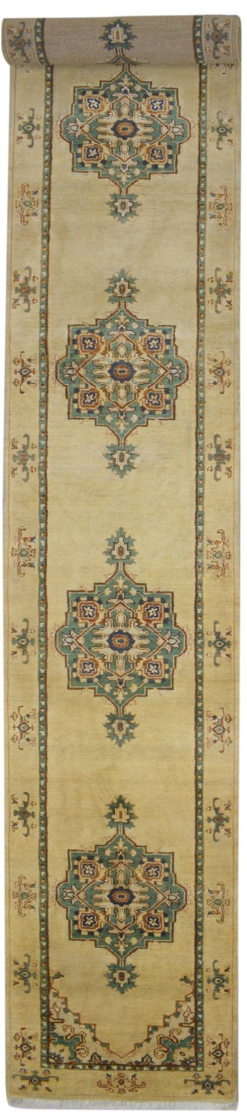 Beige Wool / Silk Rug 3X15 Persian Hand Knotted Oushak Oriental Small Runner   7864089542805
