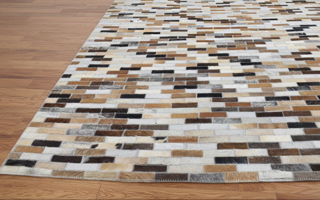 Biddy Handmade Leather Brown Rug - Modern Brick Patchwork Striped Area Rug   9065086484629