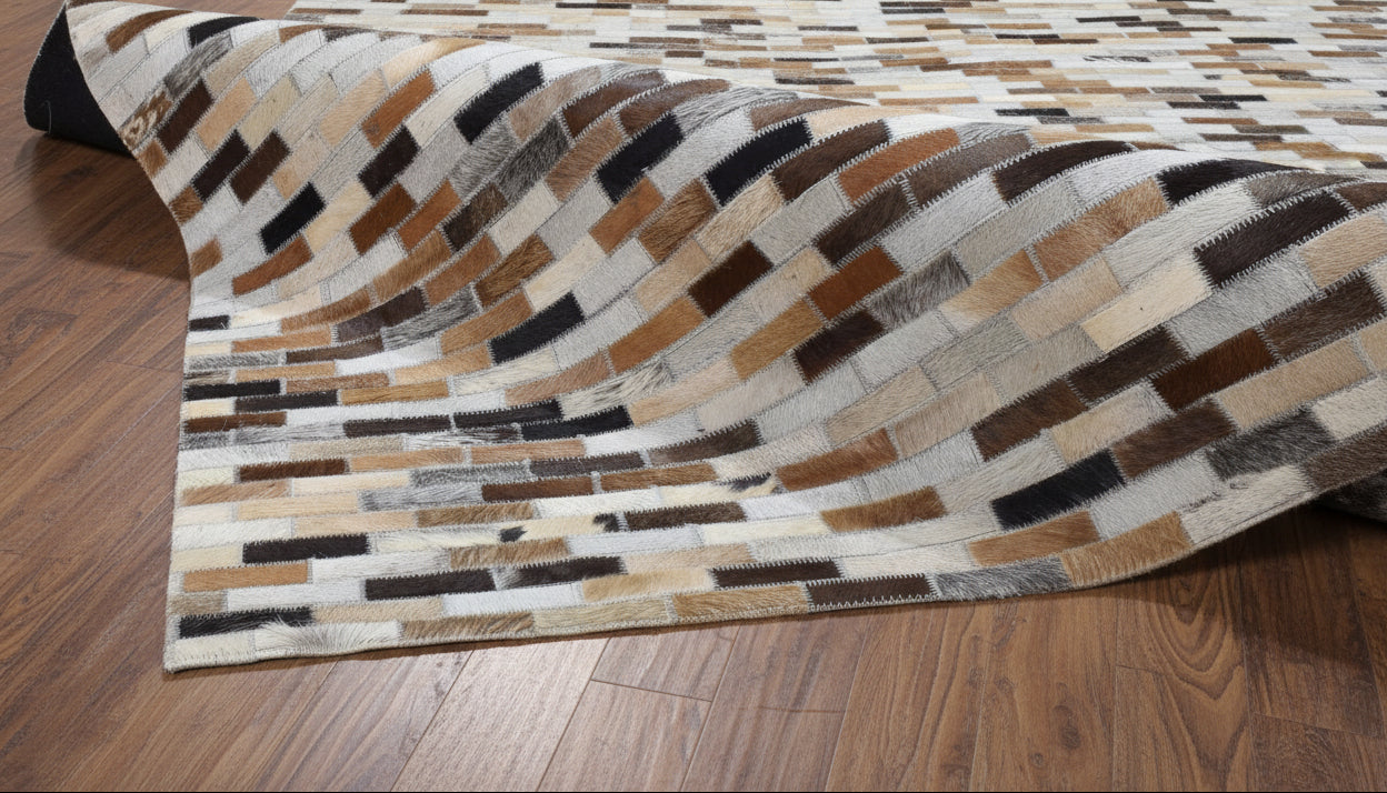 Biddy Handmade Leather Brown Rug - Modern Brick Patchwork Striped Area Rug   9065086484629