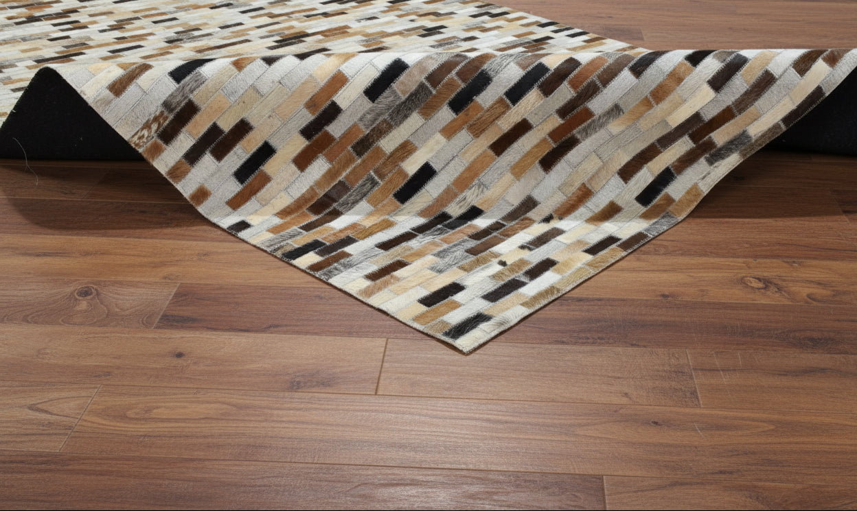 Biddy Handmade Leather Brown Rug - Modern Brick Patchwork Striped Area Rug   9065086484629