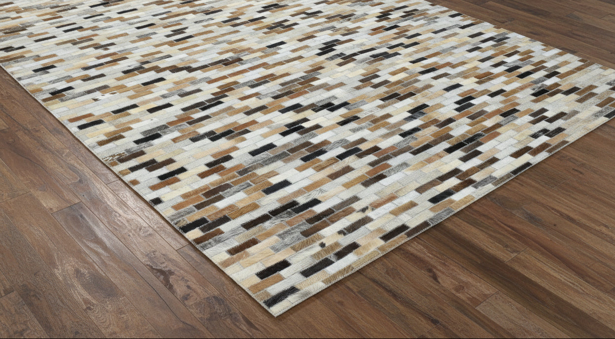 Biddy Handmade Leather Brown Rug - Modern Brick Patchwork Striped Area Rug   9065086484629