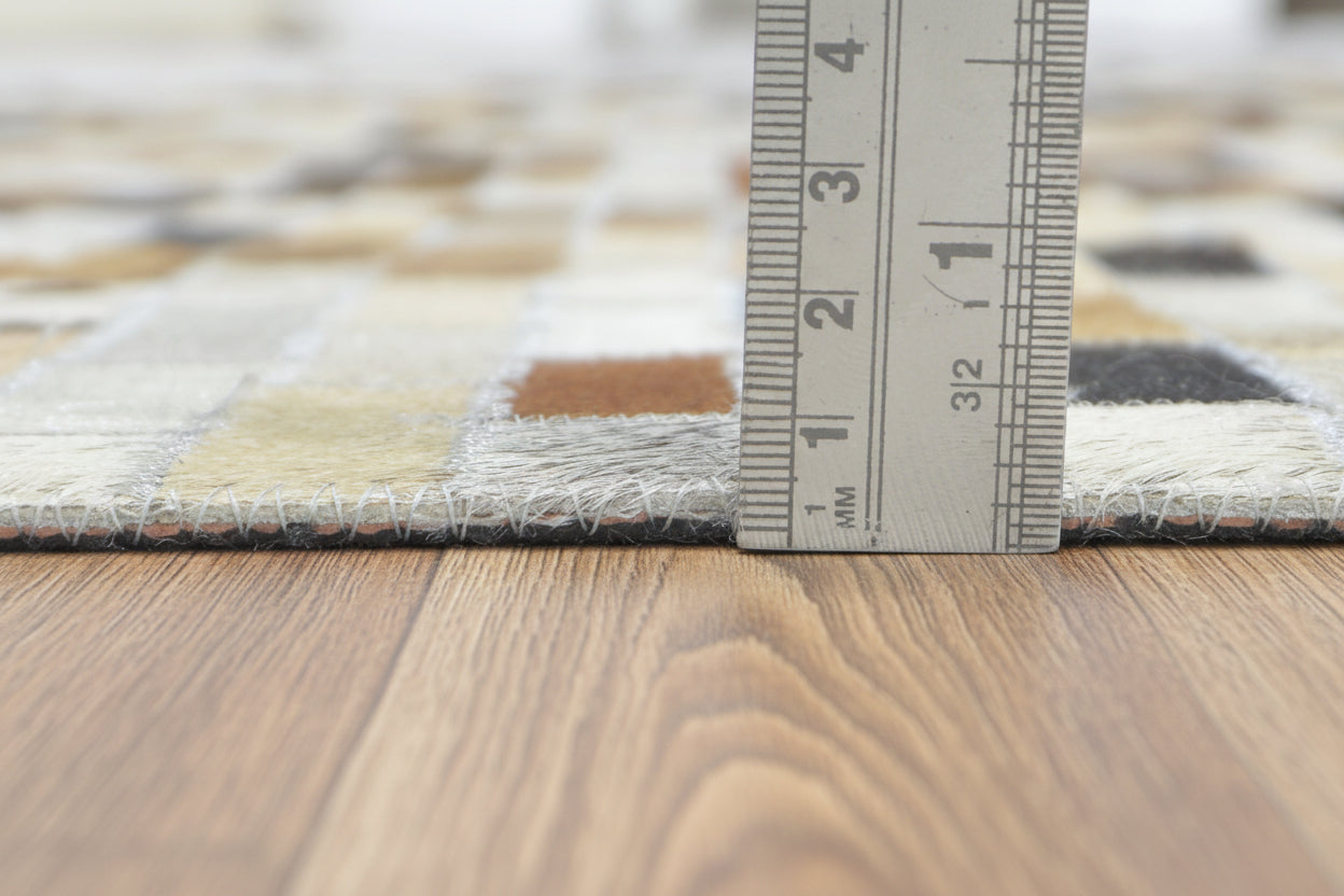 Biddy Handmade Leather Brown Rug - Modern Brick Patchwork Striped Area Rug   9065086484629