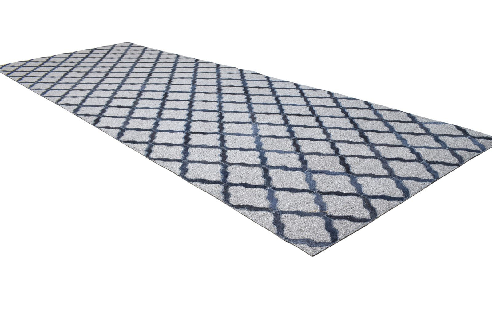Blue Leather / Cotton Rug 3X9 Modern Hand Woven Moroccan Trellis Room Size   7864435769493