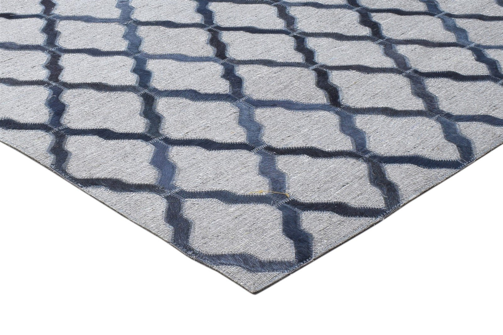 Blue Leather / Cotton Rug 3X9 Modern Hand Woven Moroccan Trellis Room Size   7864435769493