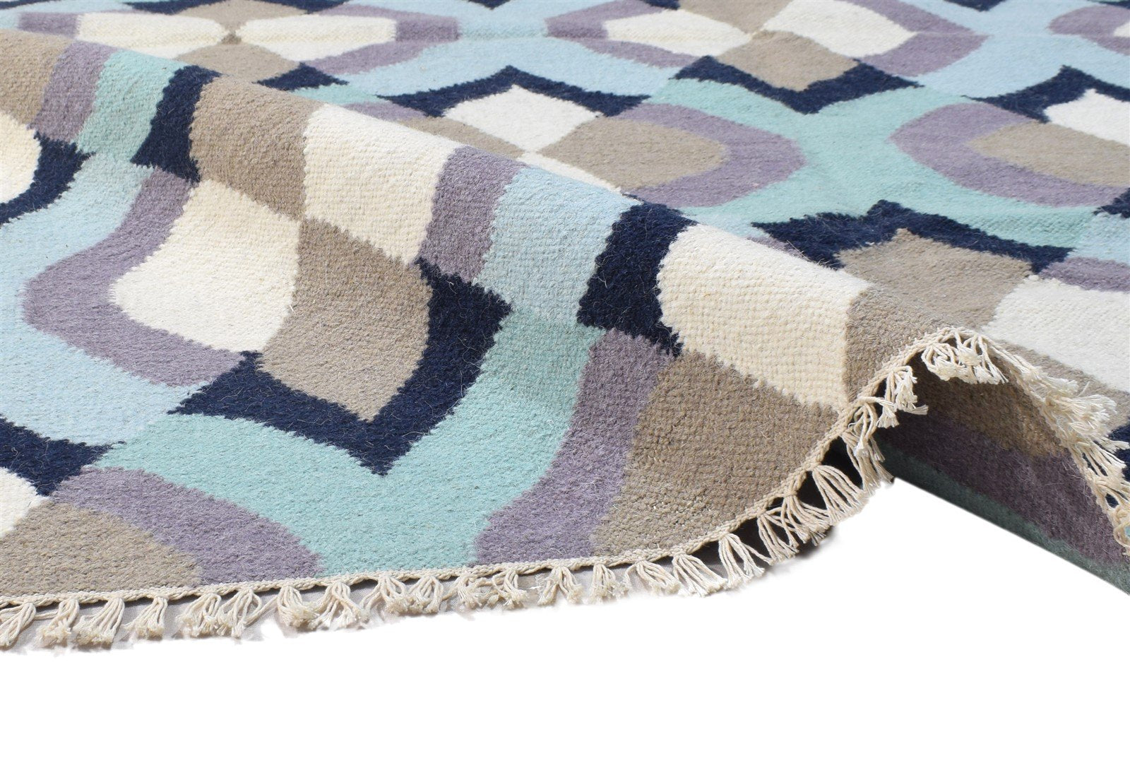 Blue Wool Rug 5' X 7' Modern Dhurrie Moroccan Damask Room Size Carpet   7864379113621