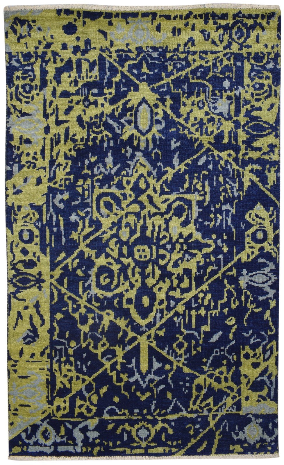 Blue Wool Rug 5' X 8' Modern Hand Knotted Heriz-Indian Abstract Room Size Carpet   7864088789141