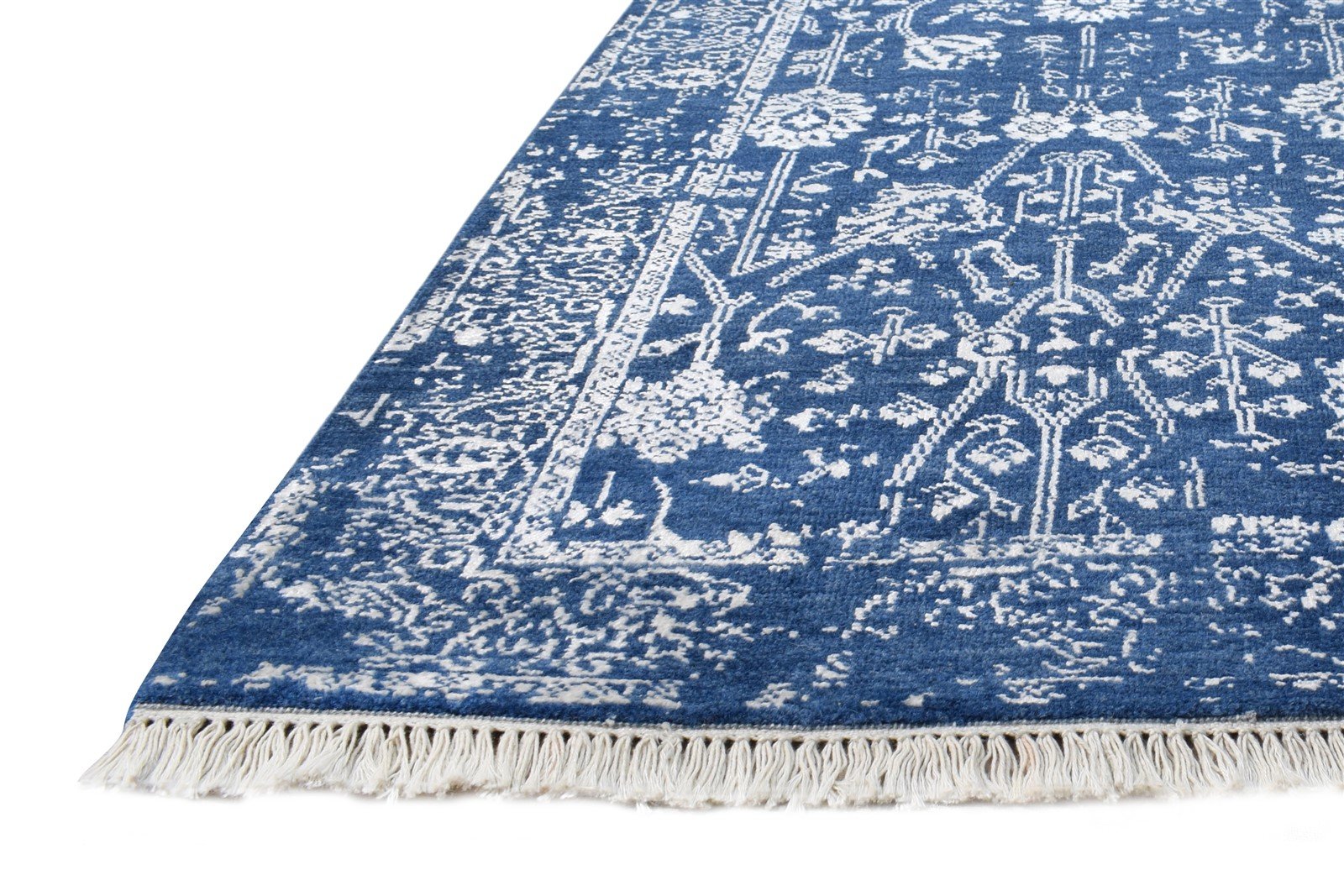 Blue Wool / Silk Rug 2' X 6' Modern Hand Knotted Oushak Abstract Small Runner   7865148637333