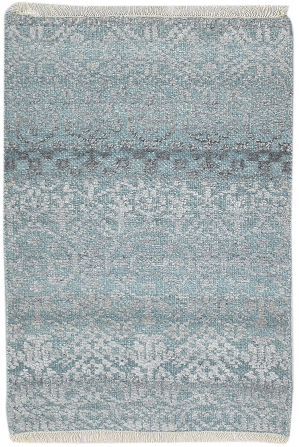 Blue Wool Silk Rug 2X3 Modern Hand Knotted Scandinavian Trellis Small Carpet   7864087150741
