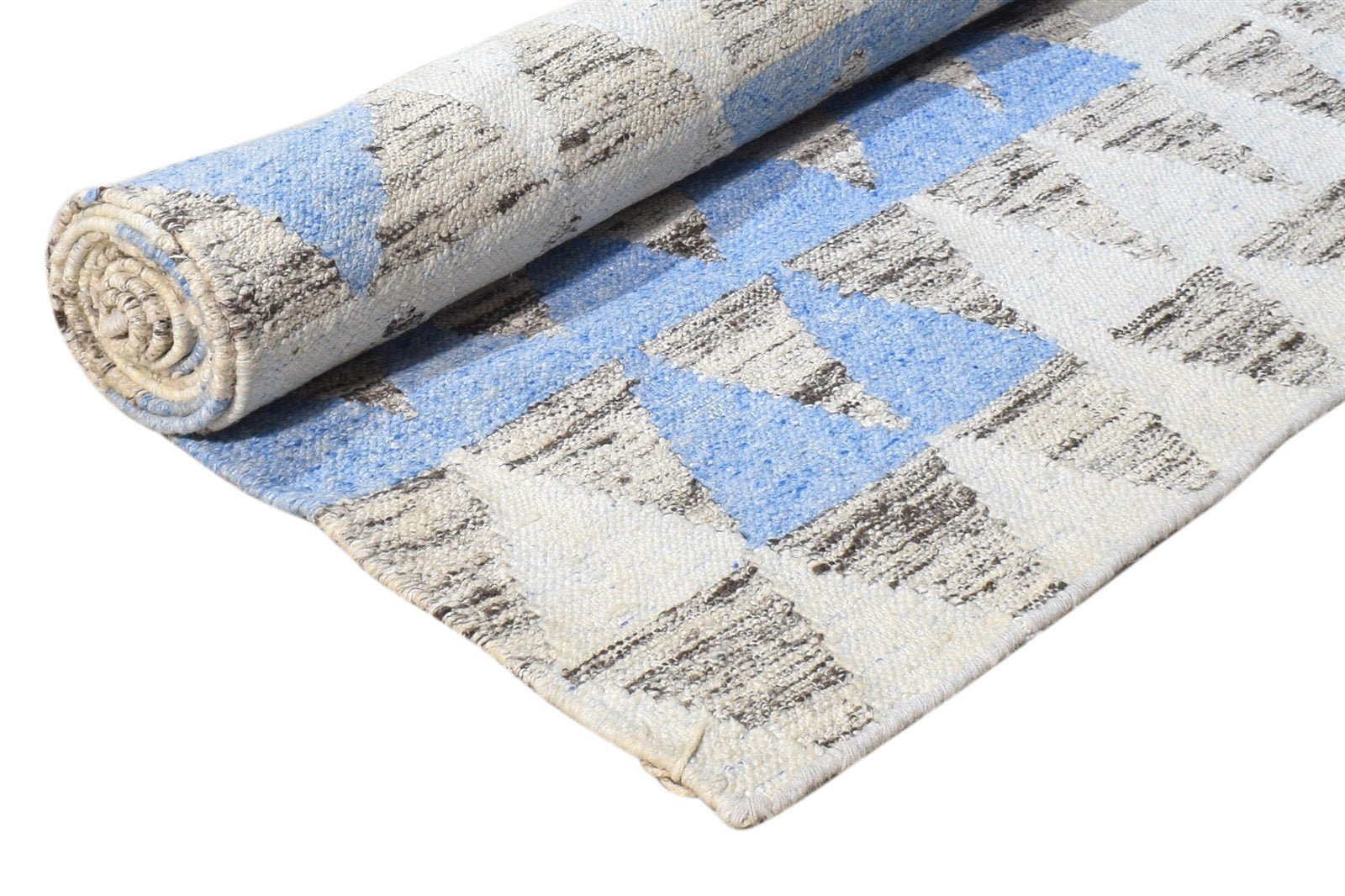 Blue Wool / Silk Rug 6X8 Modern Dhurrie Scandinavian Triangles Room Size Carpet   7865192743061