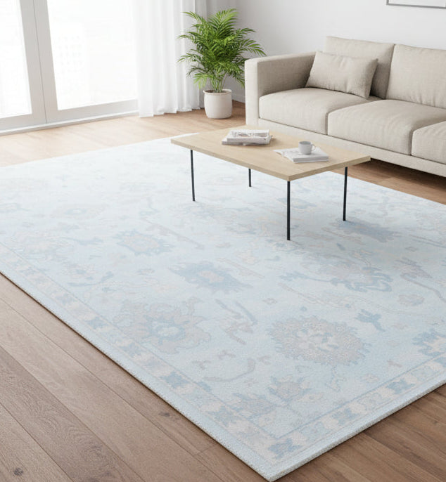 Botanical Oushak Handmade Sky Blue Area Rug – Modern Classic Persian Style   9175411261589