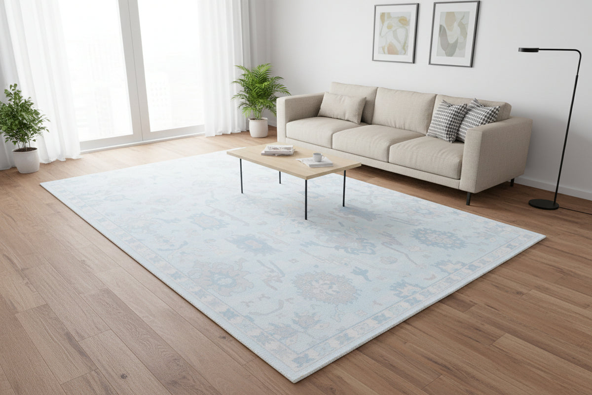 Botanical Oushak Handmade Sky Blue Area Rug – Modern Classic Persian Style   9175411261589