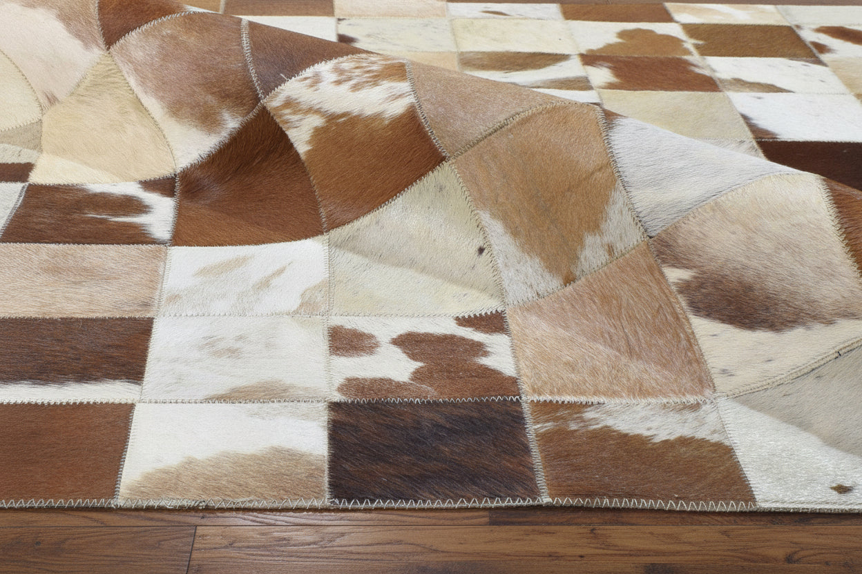 Brittaney Handmade Leather Checkerboard Brown Rug | Modern Checkered Blocks Patchwork Rug   7864581193877
