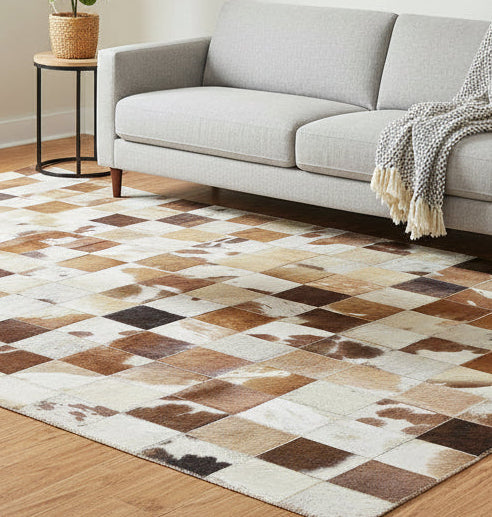 Brittaney Handmade Leather Checkerboard Brown Rug | Modern Checkered Blocks Patchwork Rug   7864581193877