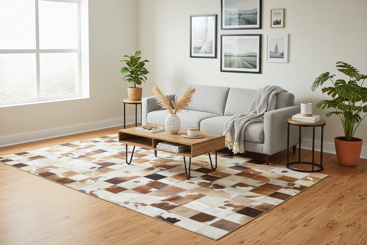 Brittaney Handmade Leather Checkerboard Brown Rug | Modern Checkered Blocks Patchwork Rug   7864581193877