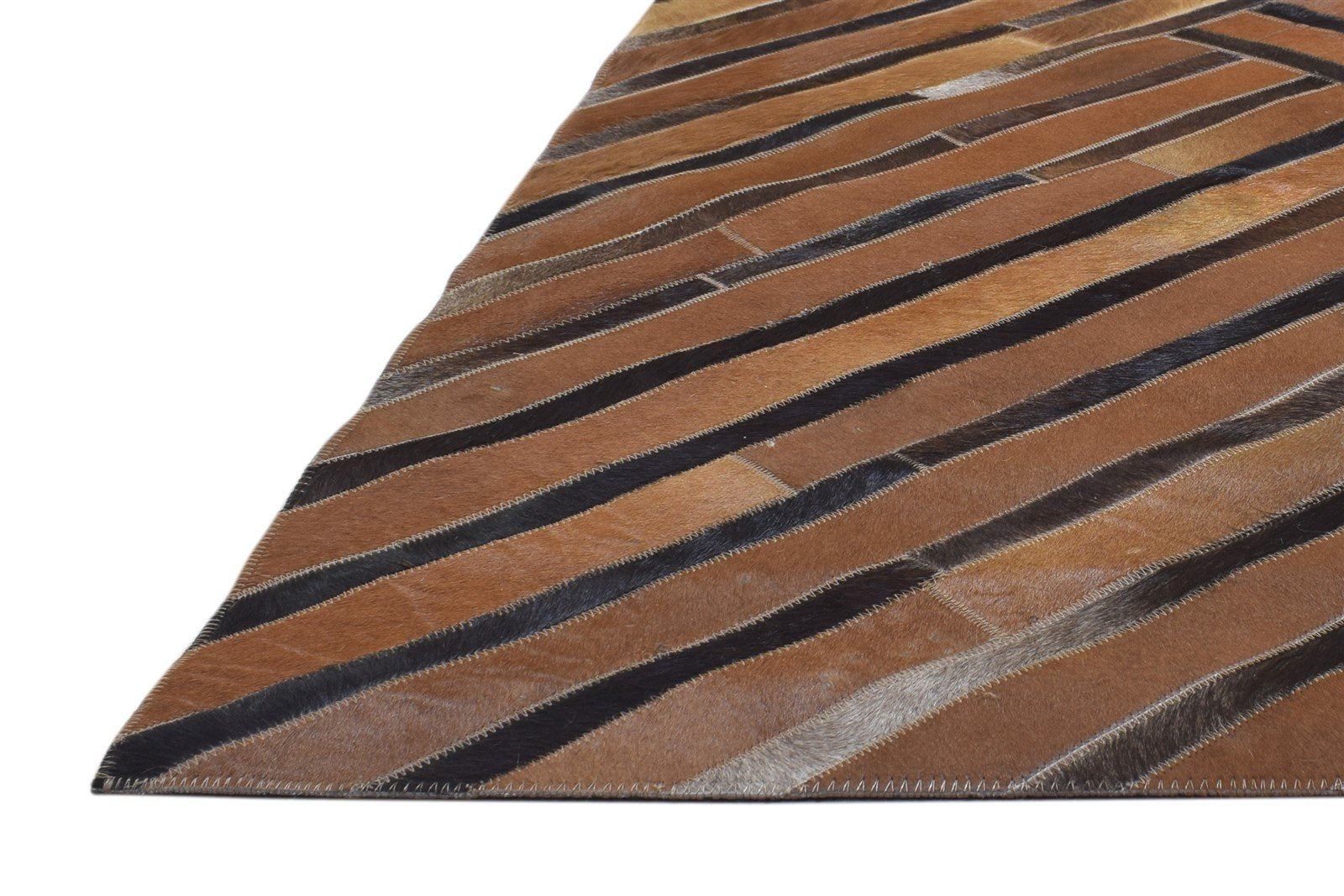 Brown Leather / Cotton Rug 5X8 Modern Hand Woven Scandinavian Striped Room Size   7864115921045