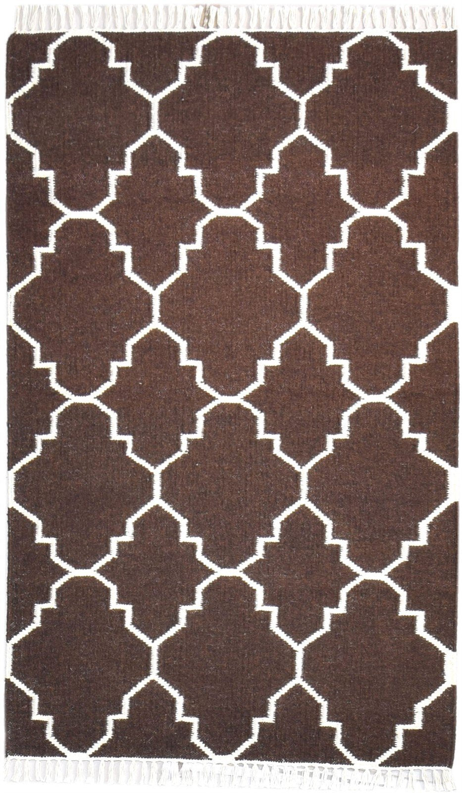 Brown Wool Rug 3' X 5' Modern Dhurrie Moroccan Scroll Tile Small Carpet   7865121308821