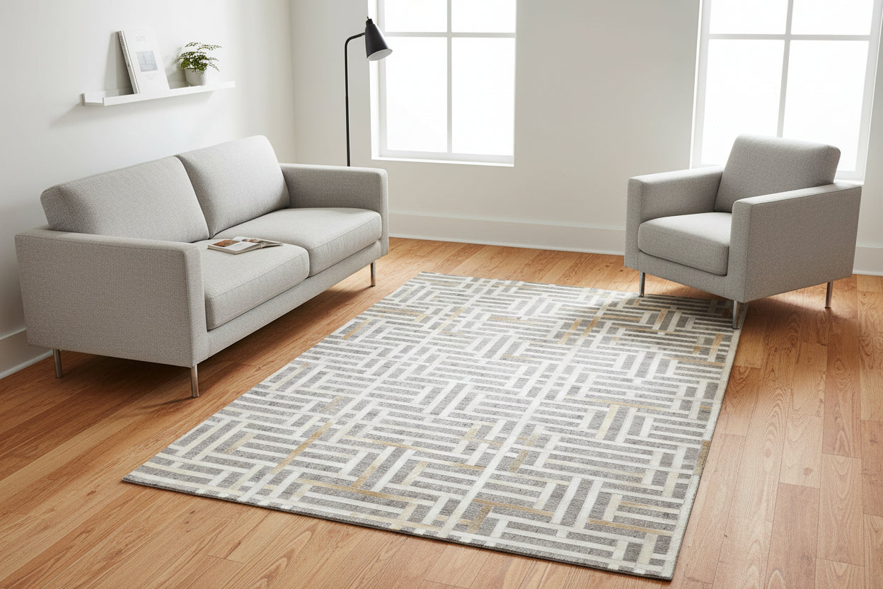 Candis Handmade Leather Gray Rug Modern Patchwork Cowhide Area Rug   9061011325077