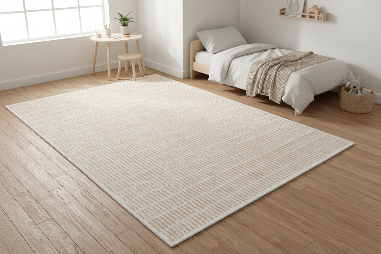 Capitola Handmade Beige Nursery Soft Rug | Modern Abstract Linear Grids Checks Area Rug   9121444888725