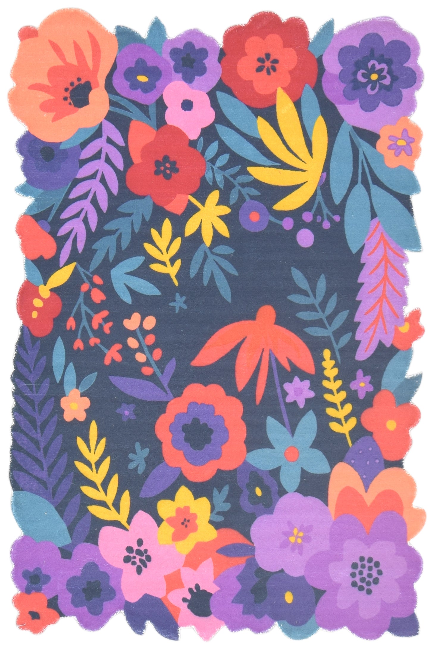 Cassia Navy Blue & Multicolor Scalloped Floral Area Kids Playroom Rug   9014781902997