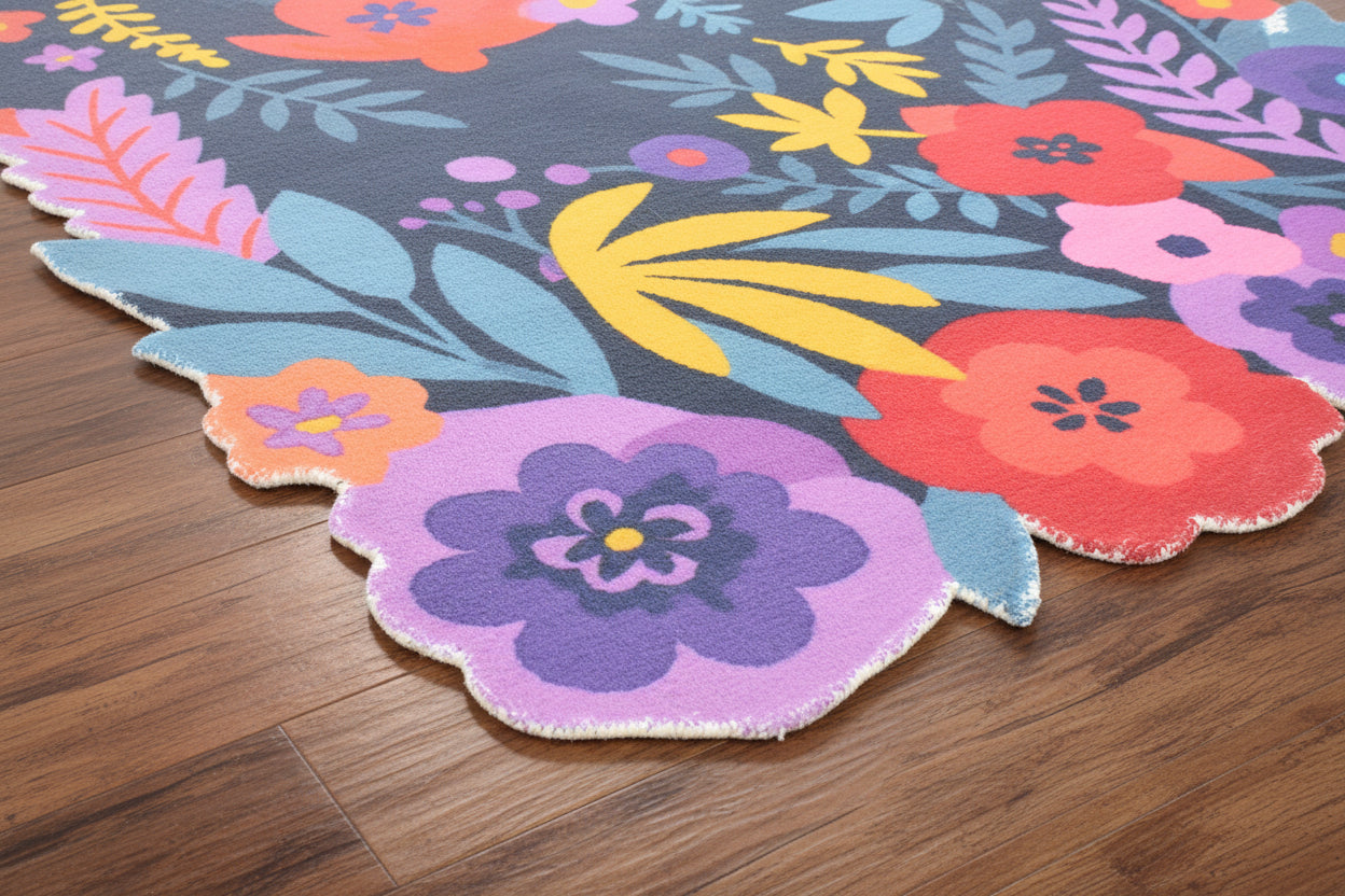 Cassia Navy Blue & Multicolor Scalloped Floral Area Kids Playroom Rug   9014781902997