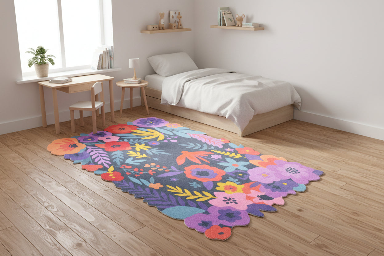 Cassia Navy Blue & Multicolor Scalloped Floral Area Kids Playroom Rug   9014781902997