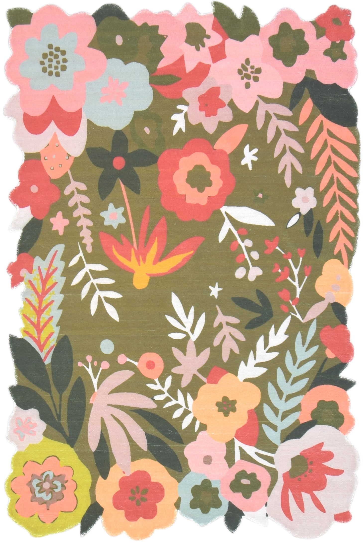 Cassia Olive Green & Multicolor Scalloped Floral Area Kids Playroom Rug   9014788685973