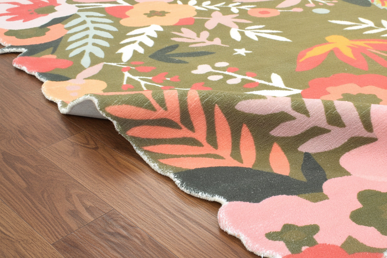 Cassia Olive Green & Multicolor Scalloped Floral Area Kids Playroom Rug   9014788685973
