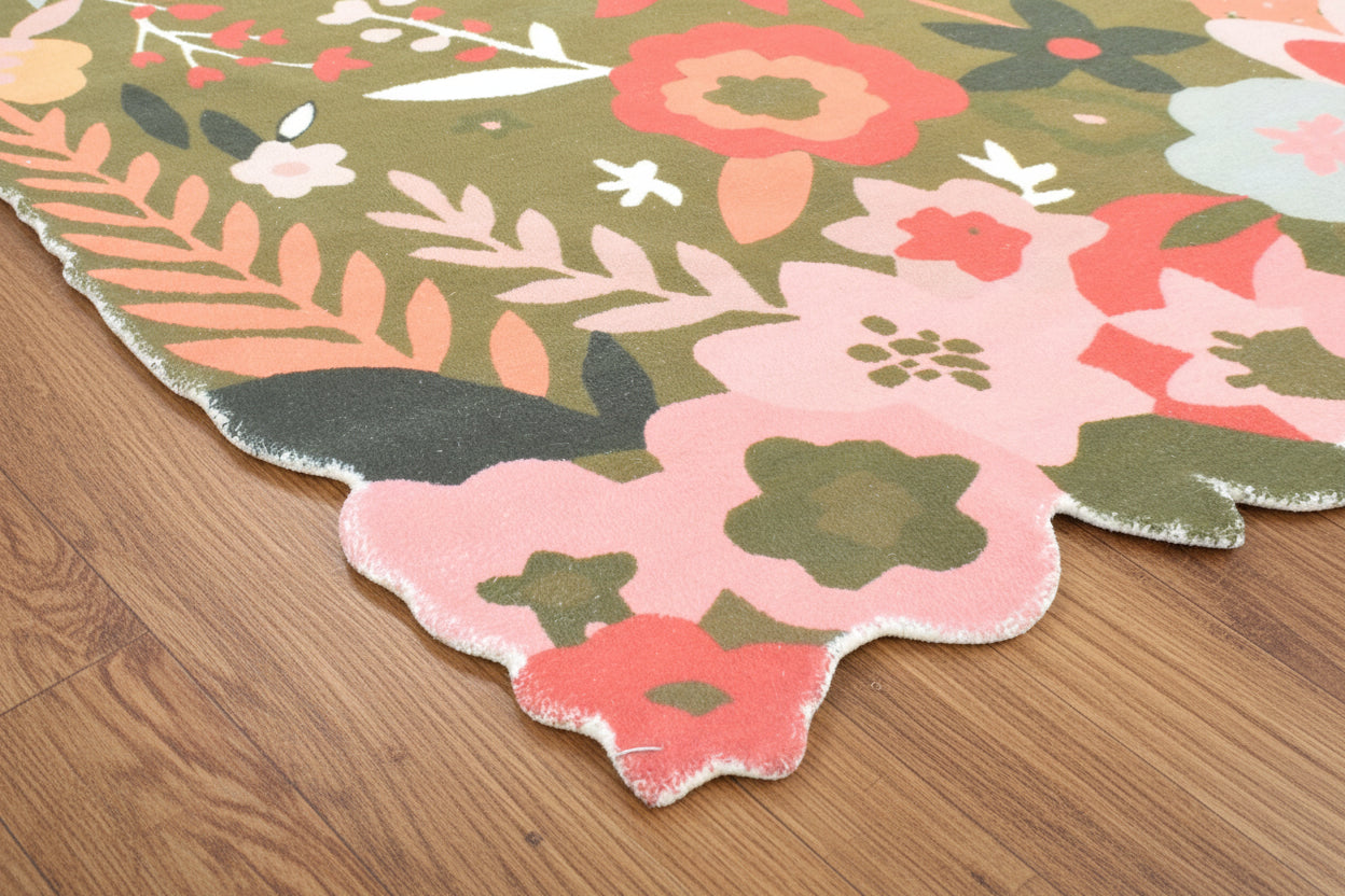 Cassia Olive Green & Multicolor Scalloped Floral Area Kids Playroom Rug   9014788685973