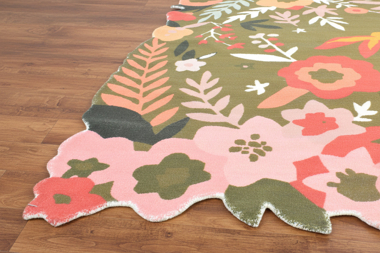 Cassia Olive Green & Multicolor Scalloped Floral Area Kids Playroom Rug   9014788685973