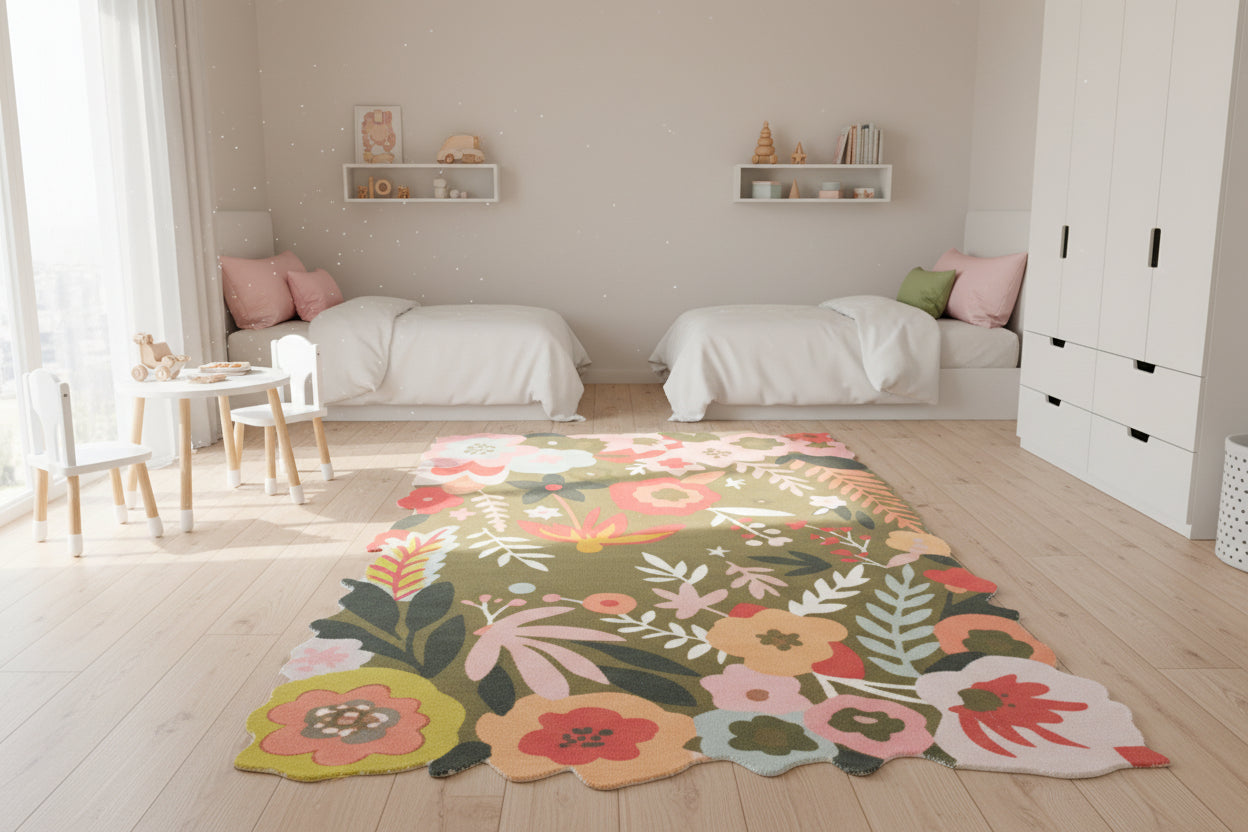 Cassia Olive Green & Multicolor Scalloped Floral Area Kids Playroom Rug   9014788685973