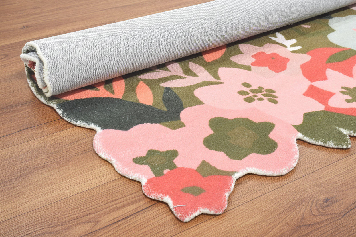 Cassia Olive Green Scalloped Floral Kids Rug — Hand-Tufted Playroom & Nursery Area Rug   9014788685973