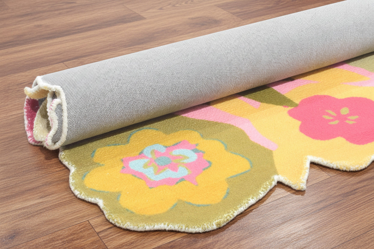 Cassia Pink & Multicolor Scalloped Floral Area Kids Playroom Rug   9014771744917