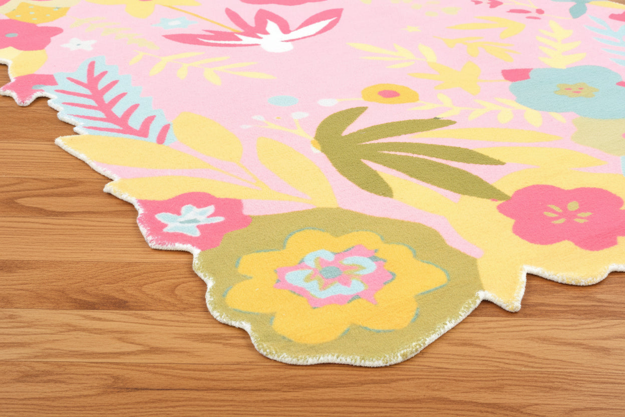 Cassia Pink & Multicolor Scalloped Floral Area Kids Playroom Rug   9014771744917