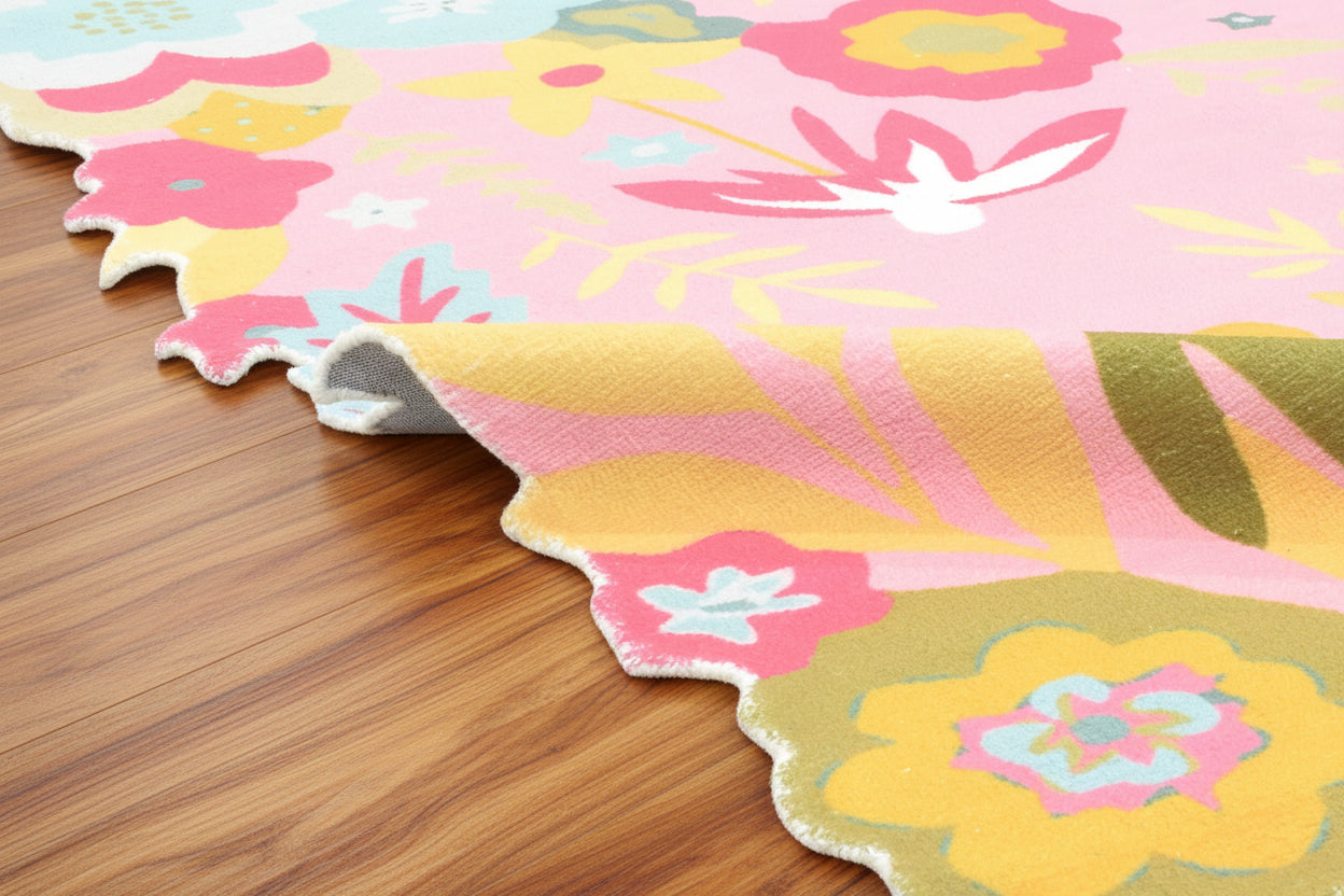 Cassia Pink & Multicolor Scalloped Floral Area Kids Playroom Rug   9014771744917