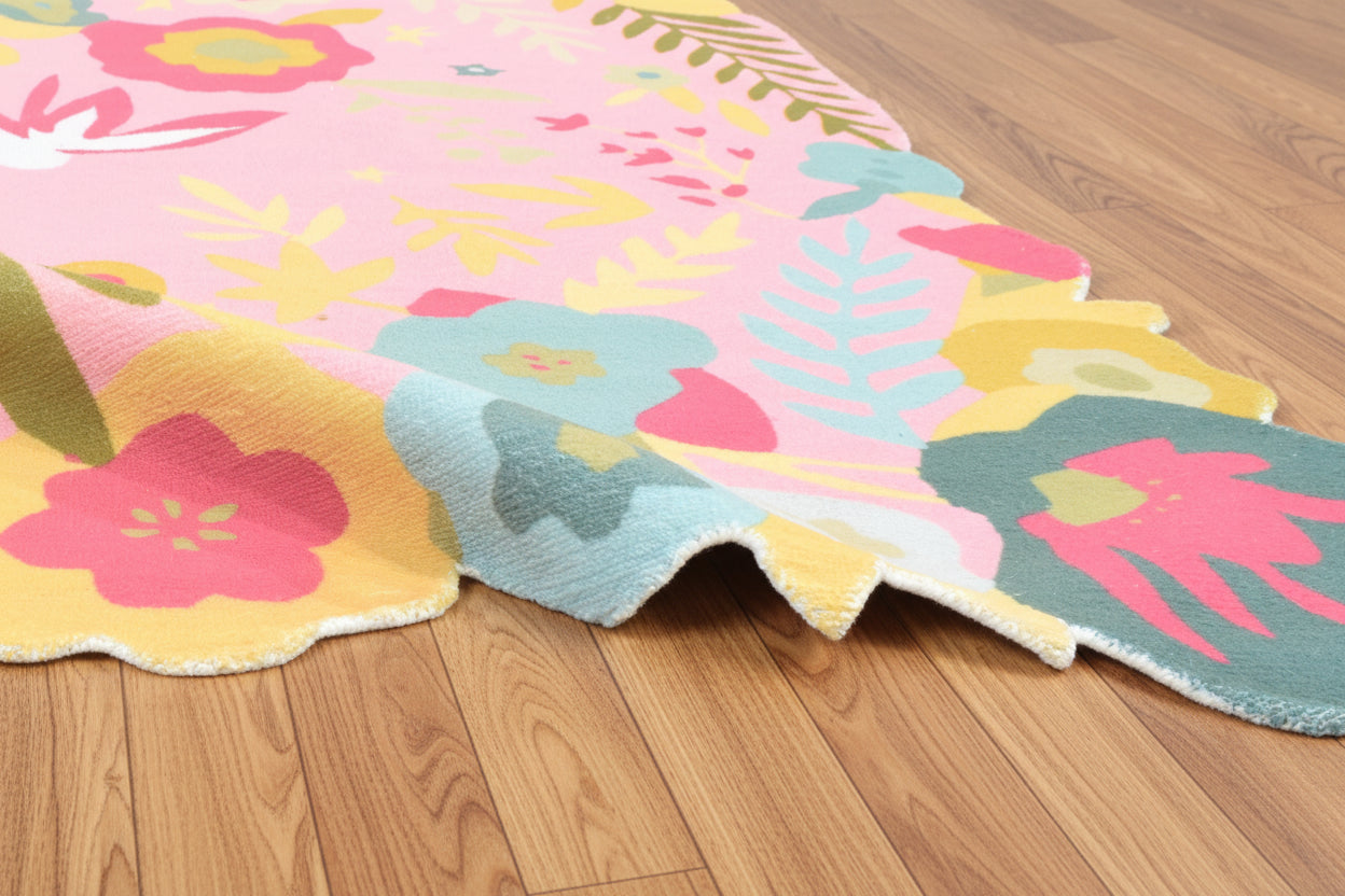 Cassia Pink & Multicolor Scalloped Floral Area Kids Playroom Rug   9014771744917