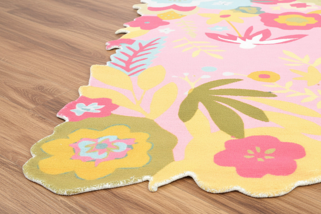 Cassia Pink & Multicolor Scalloped Floral Area Kids Playroom Rug   9014771744917