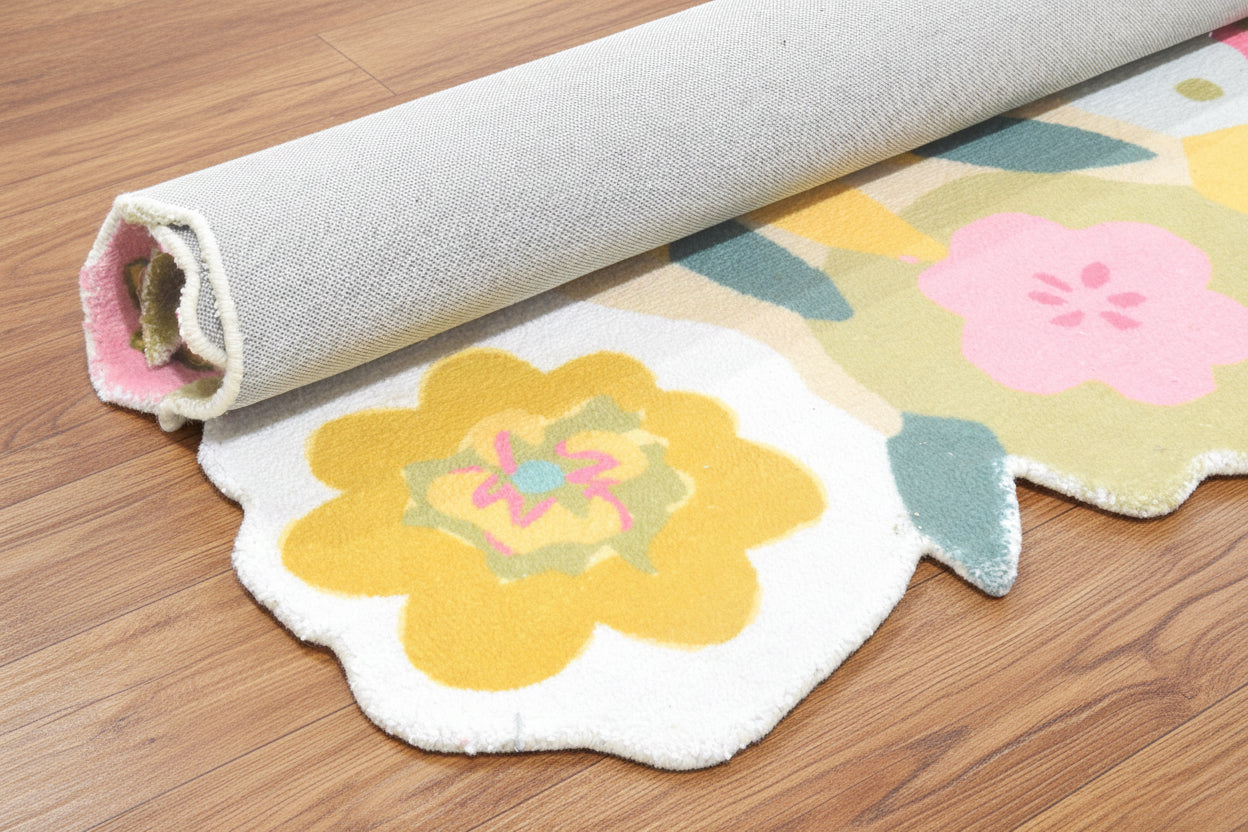 Cassia Sage Green & Multicolor Scalloped Floral Area Kids Playroom Rug   9015087005845