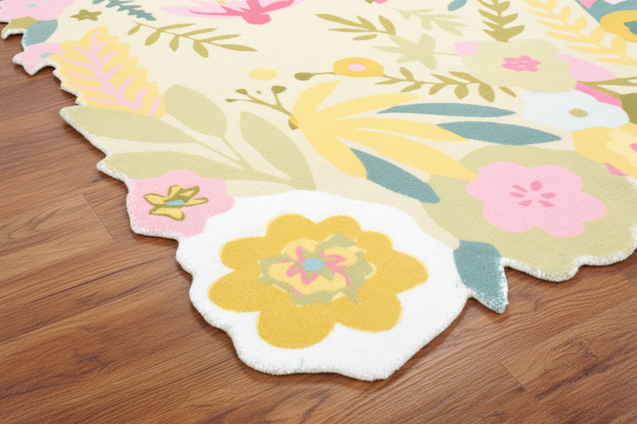 Cassia Sage Green & Multicolor Scalloped Floral Area Kids Playroom Rug   9015087005845