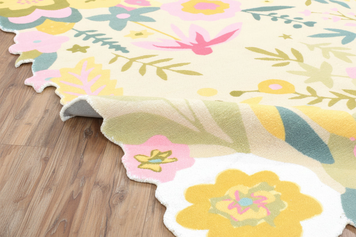 Cassia Sage Green & Multicolor Scalloped Floral Area Kids Playroom Rug   9015087005845