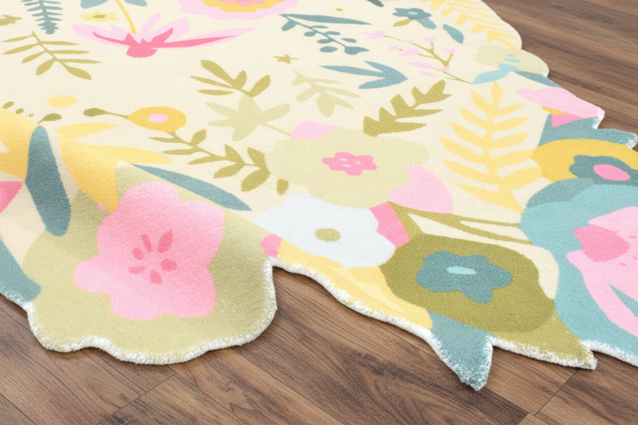 Cassia Sage Green & Multicolor Scalloped Floral Area Kids Playroom Rug   9015087005845
