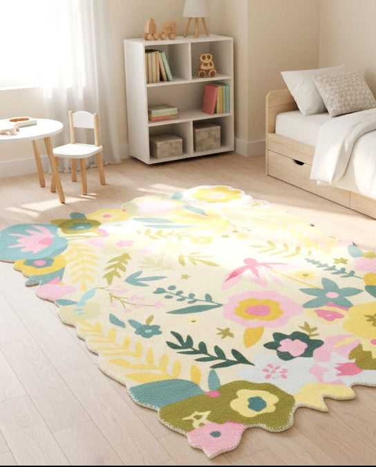 Cassia Sage Green & Multicolor Scalloped Floral Area Kids Playroom Rug   9015087005845