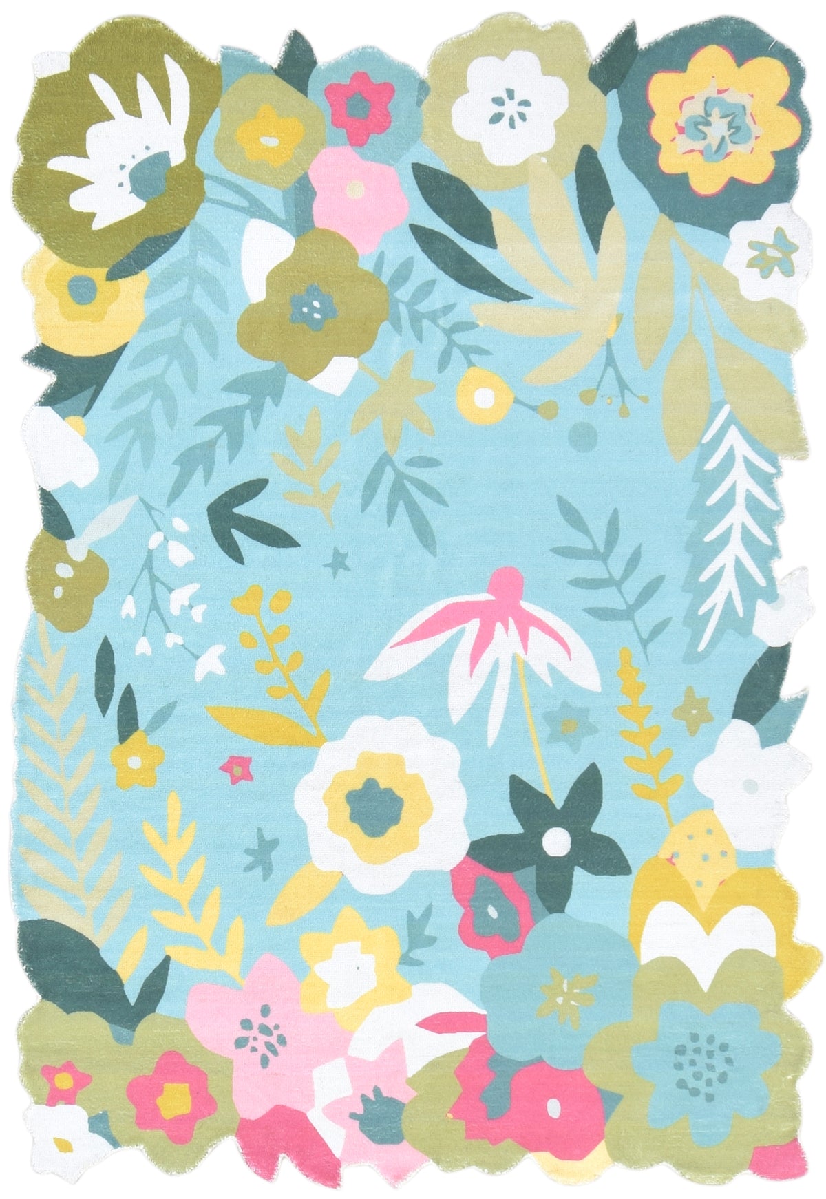 Cassia Sky Blue & Multicolor Scalloped Floral Area Kids Playroom Rug   9014801072277