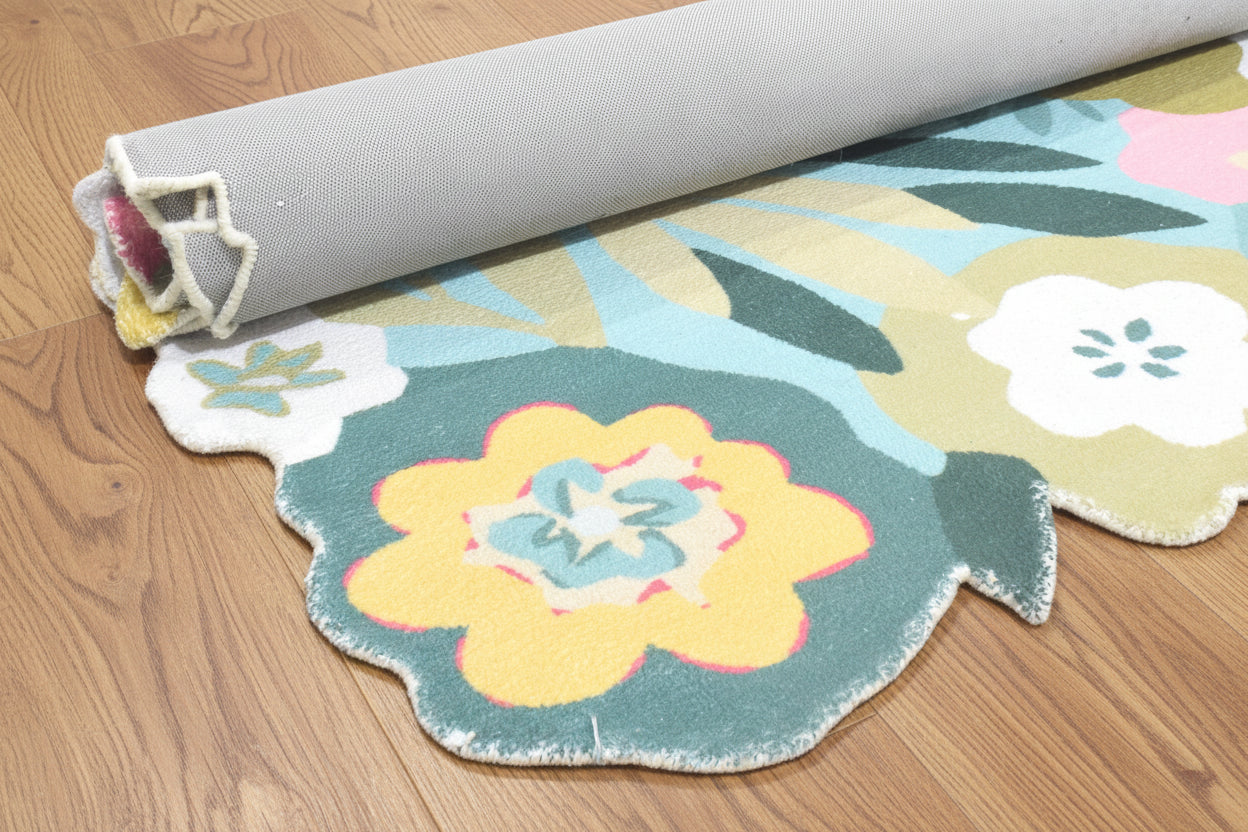 Cassia Sky Blue & Multicolor Scalloped Floral Kids Playroom Area Rug   9014801072277