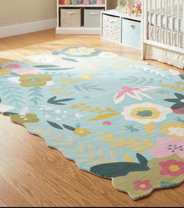 Cassia Sky Blue & Multicolor Scalloped Floral Kids Playroom Area Rug   9014801072277