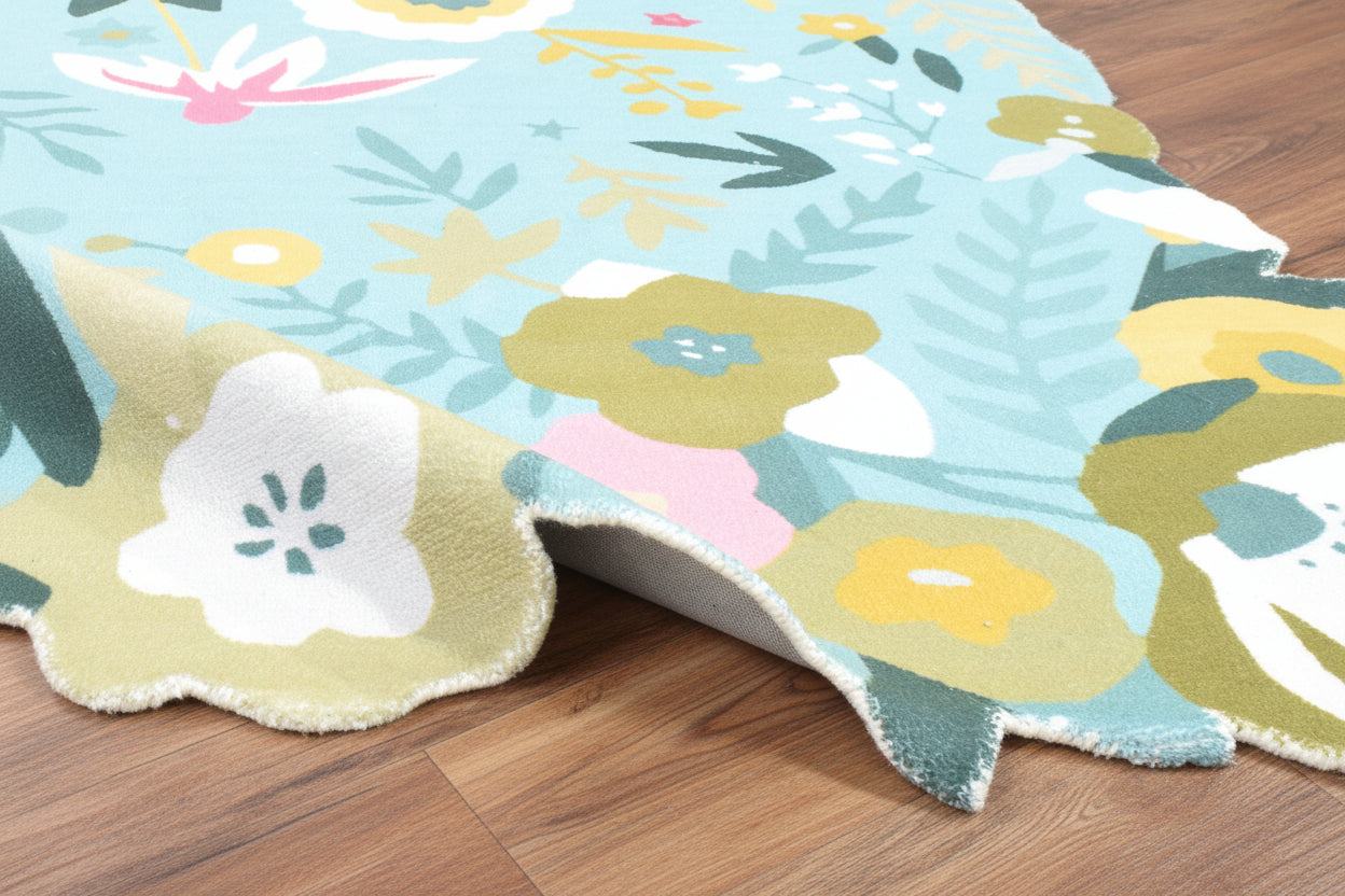 Cassia Sky Blue & Multicolor Scalloped Floral Kids Playroom Area Rug   9014801072277